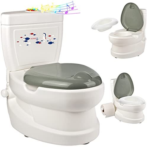 alles-meine.de GmbH Kindertoilette/Töpfchen Spülgeräusch + Licht Fische & Seepferdchen mit Wasserspülung Sound - Nachttopf/Babytopf - mit Deckel - weiß - Musik - Toilet..