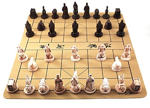 Traditional Chinese Xiangqi Portable Chess Set,Travel Board Game Set with Resin Chess Pieces and Leather Chessboard