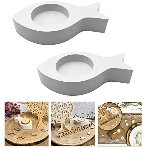 Oblique Unique® Lot de 2 photophores en forme de poisson en bois - Décoration de table pour baptême, communion, confirmation, décoration de baptême (blanc)