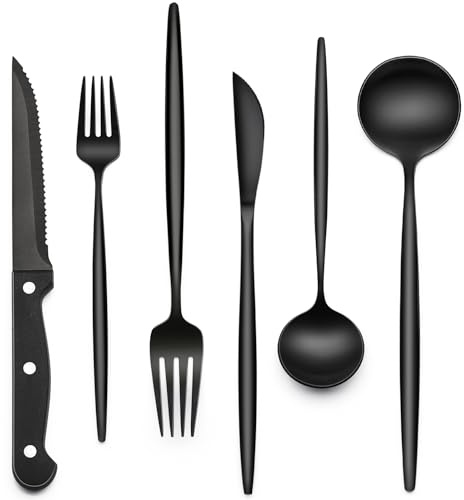EWFEN 24-Piece Black Silverware Set with Steak Knives, Black Flatware Set for 4, Food-Grade Stainless Steel Tableware Cutlery Set, Mirror Finished Utensil Sets for Home Restaurant, Long Edge