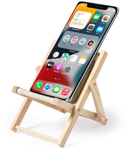 noTrash2003 Mobilhållare smartphone-stativ i solstol, design, strandstol, strandstol, semesterkänsla vid skrivbordet, trä och bomull upp till 78 mm bredd