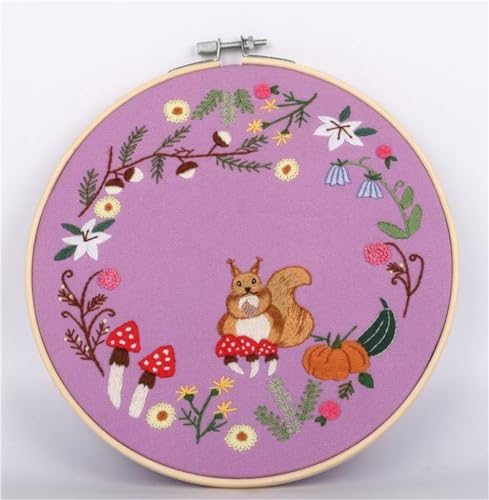 Meecaa Eichhörnchen Pilz Tannenzapfen Tier Blume Stickerei Kit Starterset Handstickerei Set Muster gedruckt Kreuzstich Set für Anfänger Erwachsene mit Stickrahmen und Anleitung (Tier 6)