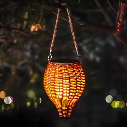 Außen Hängelampe Solar Laterne Boho Rattan Lampenschirm Pendelleuchte Hängeleuchte IP65 Wasserdicht Garten Solarlampe mit LED Glühbirne Gartenleuchten für Patio Terrasse Hof Pavillon Deko (Braun)