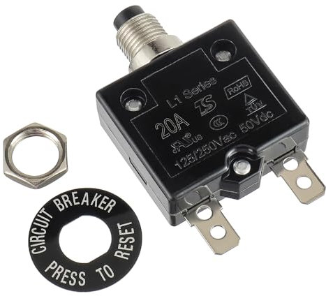 HUWREW 20 Amp Push Button Circuit Breaker 125-250V AC 50V DC L1 Series Manual Reset Thermal Circuit Breaker 20A Thermal Overload Protector