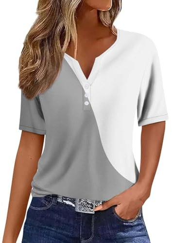 Ventes Flash HUIFUAO T-Shirts pour Femmes, T-Shirts d'été à Boutons avec col en V et Manches 3/4 pour Femmes, Haut rayé de Couleur, t-Shirt d'été Basique pour Femme, Coupe Ample, Z11 Gris, XL