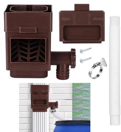 MISDENK Rain Barrel Diverter Kit, Downspout Diverter Fits for 2x3 or 3x4 Inch Gutter Downspouts, Rainwater Collection System with Adjustable Valve and Filter - Brown