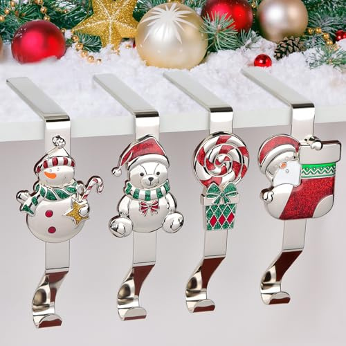 Kalolary Weihnachtsstrumpf Halter für Kamin, 4 Stück Haken für Weihnachtsstrümpfe Metall Weihnachtsstrumpf Aufhänger mit Schneemann Weihnachtsmann Tragen Lutscher für Weihnachtsfeierbedarf