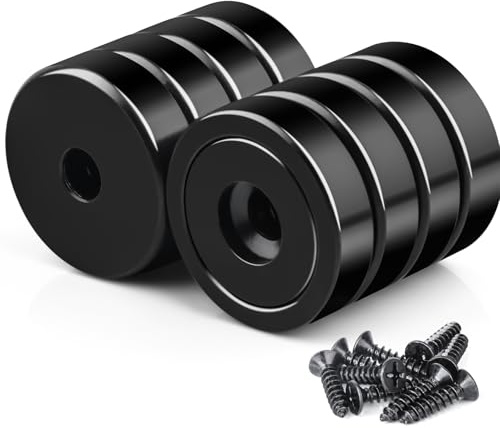 Keukenket 25MM Neodym Magnete mit Loch Schwarz, Extra Stark 25KG Kraft, 8 Stück Stark zum Anschrauben, Senkkopf-Topfmagnet mit Schrauben, Zylindrisch, Schwarz