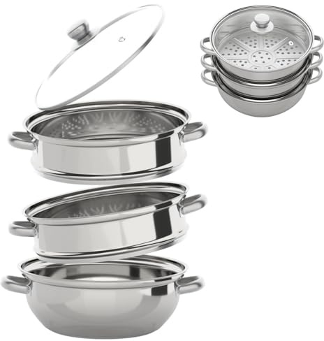 DAOHHFO 3 Lagiger Dampfgarer Edelstahl 28 CM Edelstahl Topf mit Glas-Deckel Dampfkocher Induktion Kochtopf Dampfgarer für Kochen, Suppe, Nudeln, Fische（EU-STOCK）