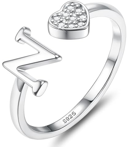 JeweBella hjärta ring silver 925 dam med bokstäver justerbara ringar kvinnor stapla tumring fingerring vigselringar förlovningsring initialer A-Z ring kvinnor flickor med låda, Adjustable, Silver