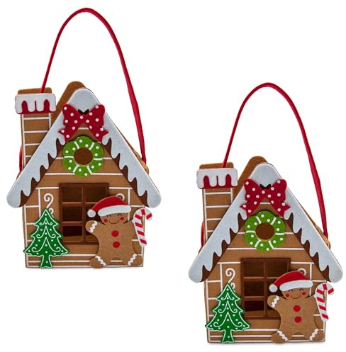 Filz Weihnachts Geschenktasche Lebkuchenhaus 2er Set - 21 x 17 cm - Deko Tasche im Knusperhäuschen Design - Weihnachten Advent Nikolaus Wichtel Geschenk Tasche mit Lebkuchenmann