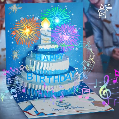 LUZOON Biglietti auguri compleanno, 3D Pop Up Biglietto Auguri Compleanno con Musica e Luce, Biglietti auguri compleanno Con candela LED soffiabile Regali di buon compleanno (Blu)