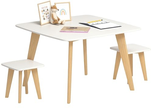 AIYAPLAY Barnbord med 2 stolar, barnbord och stolar, 3-delat barnbord och stolar, för lekrum, sovrum och dagis, pojkar och flickor från 3 till 8 år, vit