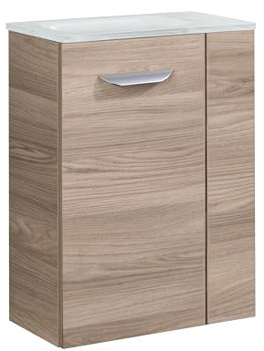 FACKELMANN Luxor Gäste-WC Set 2 Teile – Waschtischunterschrank in Holz Braun mit Waschbecken aus Glas in Weiß – SBC Waschbeckenunterschrank schmal – Türanschlag Links – 45 cm breit