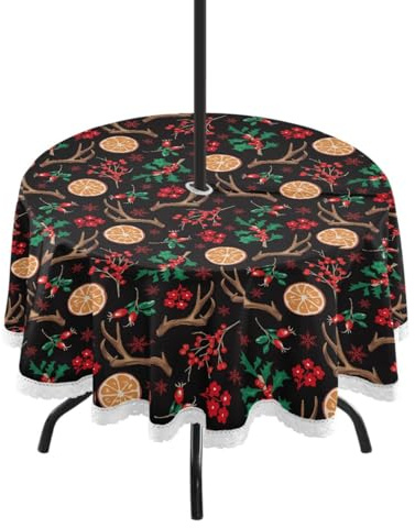 FRODOTGV Tovaglia unica natalizia con fiori di agrifoglio e foglie di agrifoglio, 152 cm, copertura circolare con foro per ombrello e cerniera, per picnic, cene e vacanze