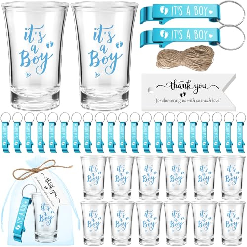 Singhoow 50 Sets Baby Shower Favor for Guests Acrylic Shot Glasses with Bottle Opener Keychains Thank You Tags and Bags Gender Reveal Party Favors for Guest Baby Shower Return Gift(Boy)