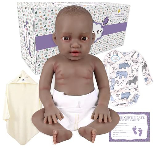 Yeefairy Barndockor i Realistiskt Silikon Nyfödd 43cm Lifelike Blandras Afroamerikansk Baby Öppna Ögon 2,85kg Emotionell Hjälp och Terapeutisk Företagning (Djup Mörk)