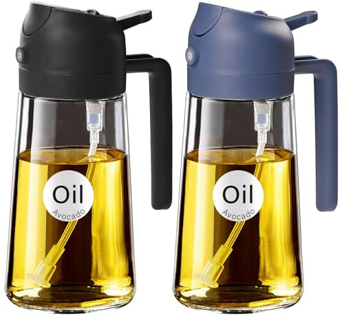 YARRAMATE Oljesprejflaska för matlagning med klistermärken, 470 ml, 2-i-1-flaska, livsmedelsklassad dispenser för olivolja, köksredskap, för sallad, stekning, grillning, svart och marinblå