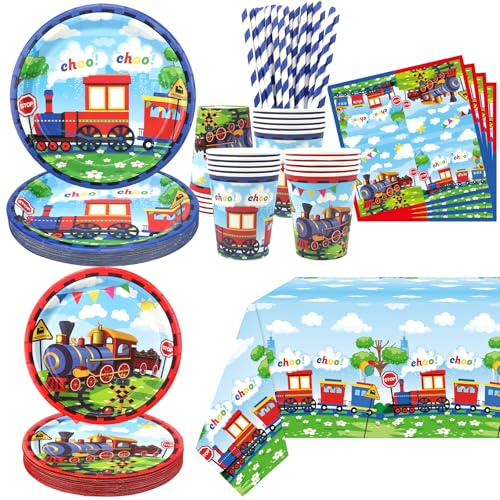 Train Party Decorations , Includes Plates, Straws, Napkins, Cups, Tablecloths, for Train Vehicle Party Supplies
