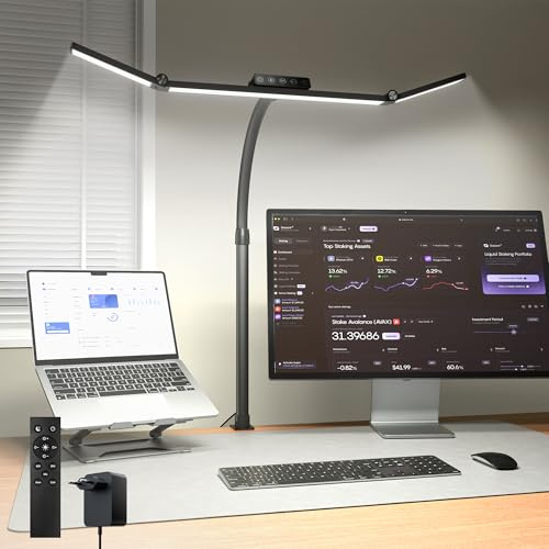 JACKYLED Schreibtischlampen LED Dimmbar, 3 flexible Lichtköpfe, inkl. Adapter, Klemme & Fernbedienung, Schreibtisch Licht für Monitor, Homeoffice, Werkbank, 5 Helligkeitsstufen & Farbtemperaturen