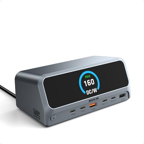 MOKiN GaN USB C Charging Station, 2.26 LCD Smart Display, 160W Max Output | 13 in 1 Laptop Docking Station Dual Monitor, Dual 4K HDMI Display, 10Gbps USB A/C, Gigabit Ethernet for Dell, HP, Lenovo