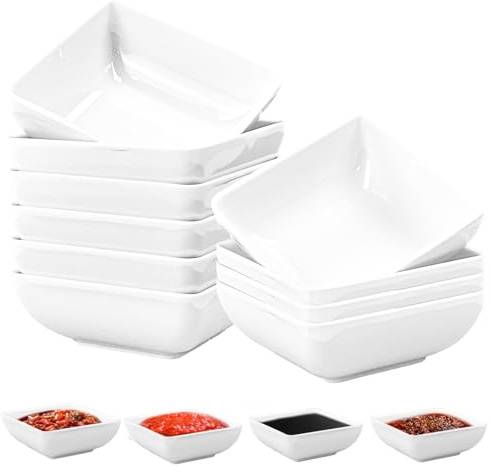 UHETLET 10er Set Dip Schälchen Dipschalen Weiß dip Schale eckig Tapas Schalen set 7,5x7,5x3cm Saucenschalen Mini Stapelbar gewürzschalen Klein Sojasoßen Schälchen Sushi für Dessert Obst Nüsse Salat