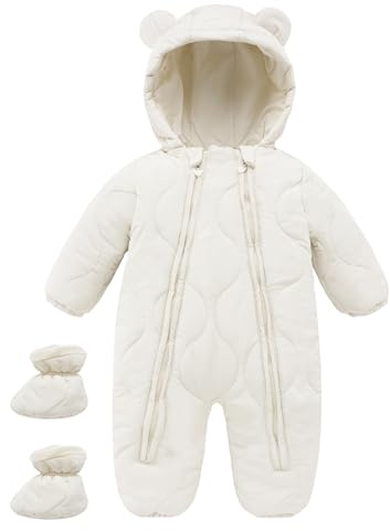 Maeau Combinaison de Neige Bébé Fille Garçon 3-6 Mois Grenouillère Hiver Nouveau Né Barboteuse à Capuche Snowsuit Vêtement de Ski Chaud Combi Pilote Jumpsuit Manteau Polaire Veste en Duvet Body Blanc