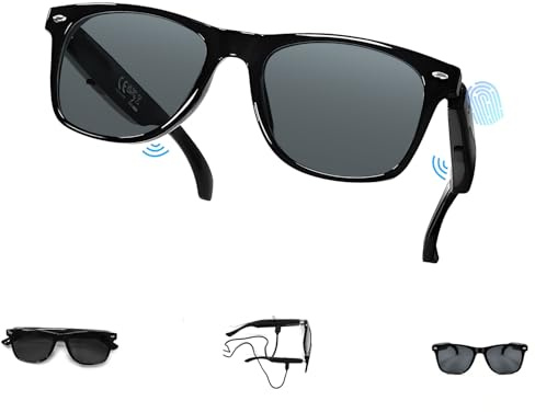 LONGLU Lunettes intelligentes – Traduction IA en temps réel via application, appels Bluetooth 5.4/musique, contrôle tactile léger, lumière bleue et protection UV (monture noire – lentille grise)