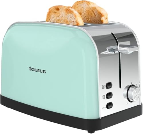 Taurus – Tostador Vintage 950W | 2 Ranuras 135x35mm | 7 Niveles | 3 Funciones | Cuerpo Inox | Autocentrado | Recogemigas | Elevación Extra | Recoge cables | Menta