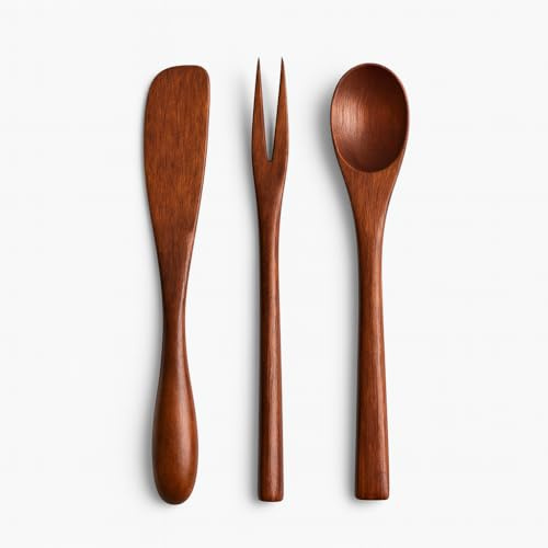 Natural Wooden Dessert Cutlery Set – Reusable Spoon, Fork, Knife Trio for Yogurt, Cake, Fruit & Snacks, Smooth Tableware for Home, Kids Lunchbox & Café (Small Dessert Set)