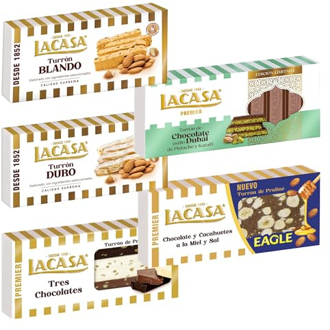 Pack Surtido 5 Turrones Lacasa:Blando, Tres Chocolates, Duro, Chocolate estilo Dubai con Pistacho y Kataifi,Cacahuete Eagle