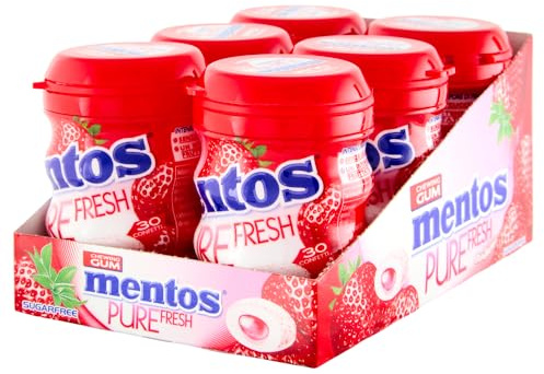 Mentos Pure Fresh Strawberry, Chewing Gum, Gusto Fragola per un'esplosione Fruttata, 6 Barattoli di Gomme da Masticare, Senza Zucchero, Senza Glutine, con Xlitolo, da portare Sempre con Se