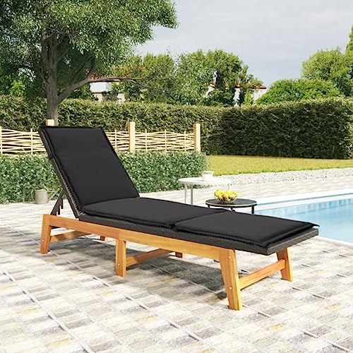 QZZCED Gartenliege aus Akazienholz, massiv, mit Kissen und verstellbarer Rückenlehne, 4 Positionen, wetterfestes PE-Rattan, für Garten, Terrasse oder Pool
