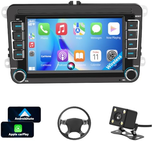 Radio carplay pour Pantalla Volkswagen VW Golf 5/6 Polo Passat Jetta Caddy EOS T5 Tiguan Touran CC con Wireless Carplay Android Auto 7 Écran IPS con Bluetooth/FM/RDS Radio/USB/SWC/Plug & Play/GPS