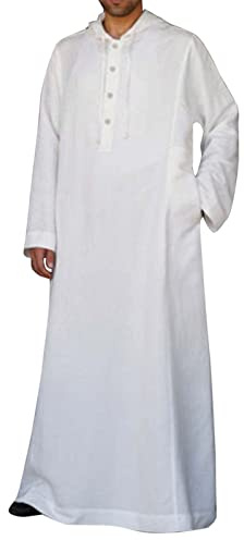 Vestido árabe para hombre Ropa musulmana caftán con capucha Ropa de oración Algodón Camisas de lino de manga larga Vestidos musulmanes Ropa árabe Islámica Abaya Djellaba Thobe, O blanco., XL