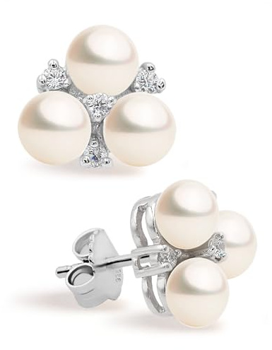 Damen Perlenohrringe mit drei 4-5 mm Süßwasser Zuchtperlen Weiß mit Zirkonia - SECRET & YOU - Perlenohrstecker 925er Sterlingsilber