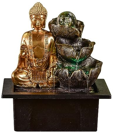 Brunnen Buddha Arya - Zimmerbrunnen Buddha Abnehmbar - Geschenke - Deko-Objekt Zen Buddhismus - Tischbrunnen LED-Licht - Geschlossener Kreislauf - Braun und Gold - H 26cm - Zen'Light
