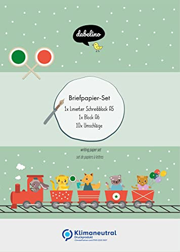Liniertes Briefpapier-Set für Kinder: Eisenbahn, Zug (für Mädchen und Jungen) - 1 Schreibblock DIN A5 + 10 Umschläge + 1 Malblock DIN A6