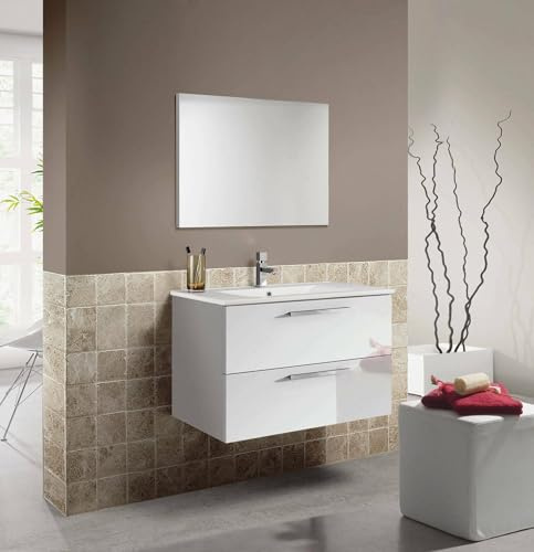 Dmora Mobile Sottolavabo Inglewood 80x57x45h cm Bianco Lucido Specchio Incluso 2 Cassetti, Apertura Soft Close