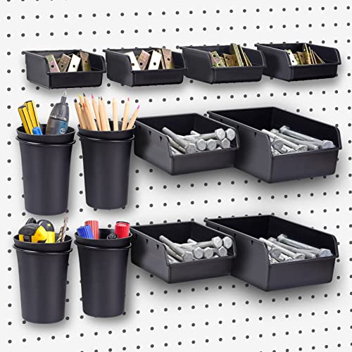 Stecktafel-Tassen und Behälter mit Metallhaken, 12 Stück 4 Größen Stecktafel-Wand-Organizer, Garage Storage Tools & Kleinteile, Werkstatt Werkbank Keller