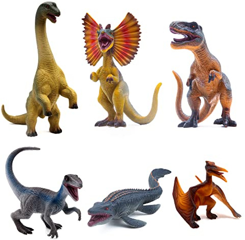SIENON 6Pack 6.3 Inch Jurassic Dinosaur Toy Figures, Realistic Dino Toys Set Dilophosaurus Blue Velociraptor T-Rex Mosasaurus Brachiosaurus Pterosaur Dinosaur Figurines for Dino Party