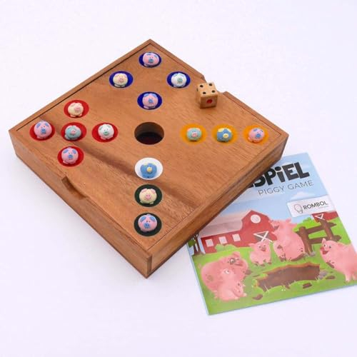 ROMBOL Ferkelspiel - Das Würfelspiel mit den süßen Tierfiguren für die ganze Familie inkl. praktischem Verschlussband, Ferkelspiel Varianten:Bunte Schweinchen