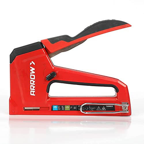Arrow T50RED2 - Graffatrice manuale 2 in 1 e chiodatrice per tappezzeria, cornici, isolamento, artigianato e mobili, colore: rosso