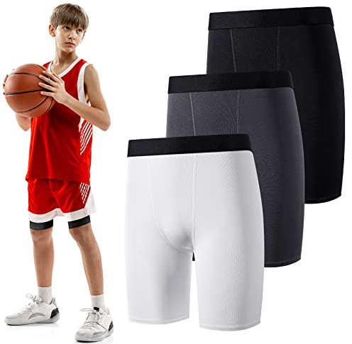 Hoolerry 3 Pcs Youth Boys Compression Shorts Athletic Underwear Sports Performance Boxer Briefs Spandex Underwear for Running (Black, White, Gray,Small)