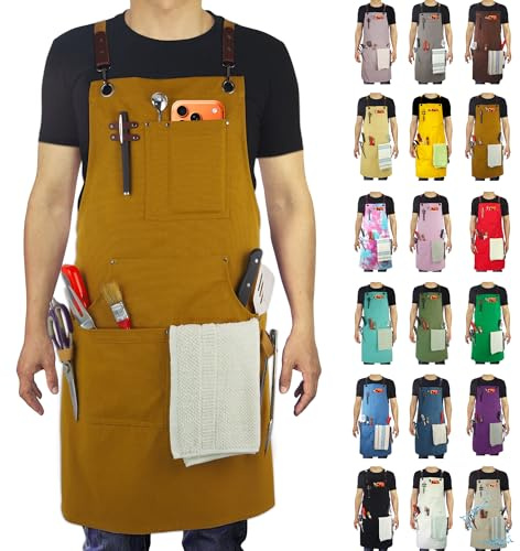 Stenffy Kitchen Apron, Work Apron, Canvas, Multiple Pockets, Gardening, Painting, BBQ, Artist, Carpenter, Sizes M to XXL, Khaki