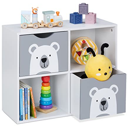 Relaxdays Kinderregal Bär, 2 Schubladen, 2 offene Fächer, H x B x T: 48 x 60 x 24,5 cm, Bücherregal Kinder, weiß/grau