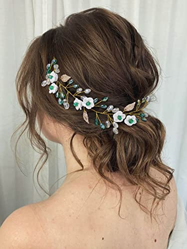 IYOU Kristall Hochzeit Haarranben Grün Blume Braut Stirnband Strass Blatt Braut Haarschmuck für Frauen