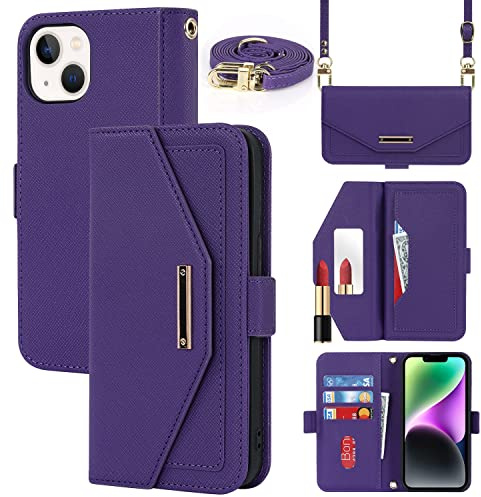 Cavor Case compatible with iPhone 14 Phone Case With Strap,Crossbody Flip Leather Wallet Case,[5 Card Holder][Mirror][Magnetic],Lanyard Case Cover for women - Purple