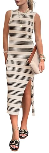 PRETTYGARDEN Women's Summer Bodycon Sundresses Casual Midi Sleeveless Hollow Out Knit Side Slit Striped Long Tank Dress (Apricot,Medium)