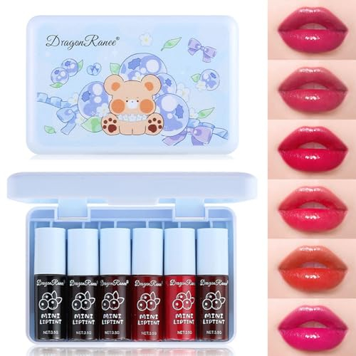 TITIMORE 6 Colors Lip Tint Stain Set Long Lasting Water Lip and Cheek Tint Waterproof Lip Gloss Mini Liquid Lipstick Moisturizing Lip Makeup Non-Stick Cup Lip Stain(Blueberry)